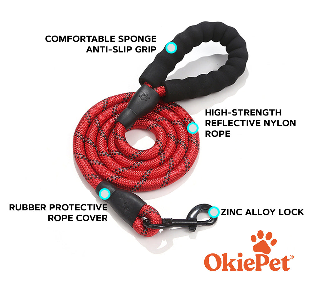 OkiePet® Reflective Rope Dog Leash – Heavy-Duty with Padded Anti-Slip Handle (8 Color Options)