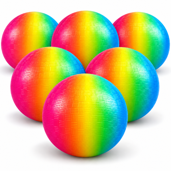 Five rainbow-colored Okie Soft Play® Rainbow Playground Ball sensory play balls arranged in a triangle formation.