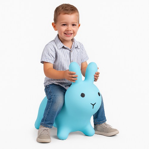 Child riding a blue bunny hopper toy in a sitting position