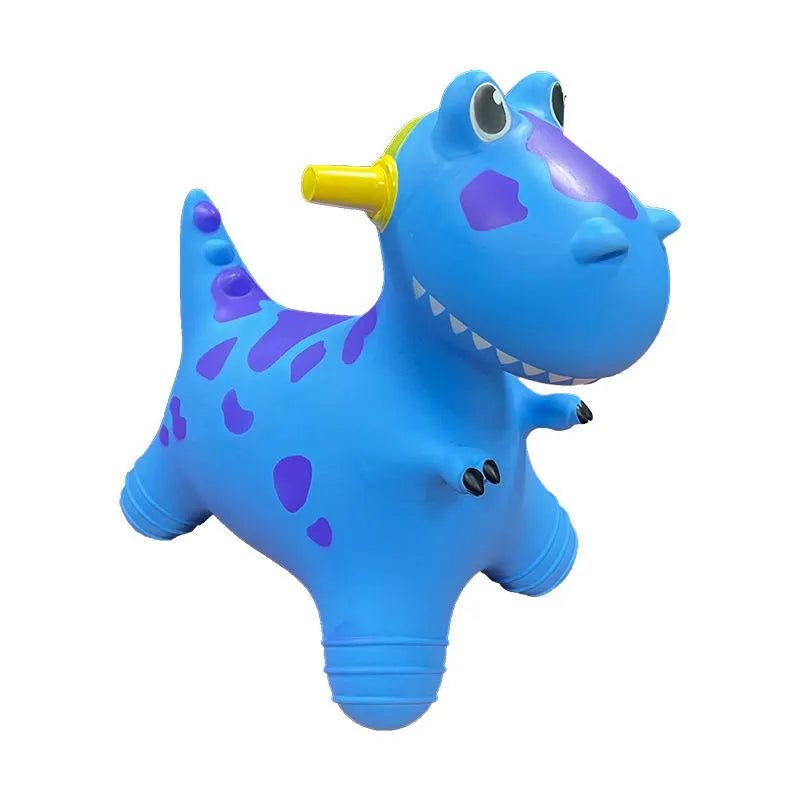 Bouncy Dinosaur Hopper by Okie Soft Play Store – a blue inflatable ride-on toy for kids featuring purple spots, yellow handles, big eyes, and a friendly smile. This children’s bouncing toy stands on four legs and is designed for riding. White background.