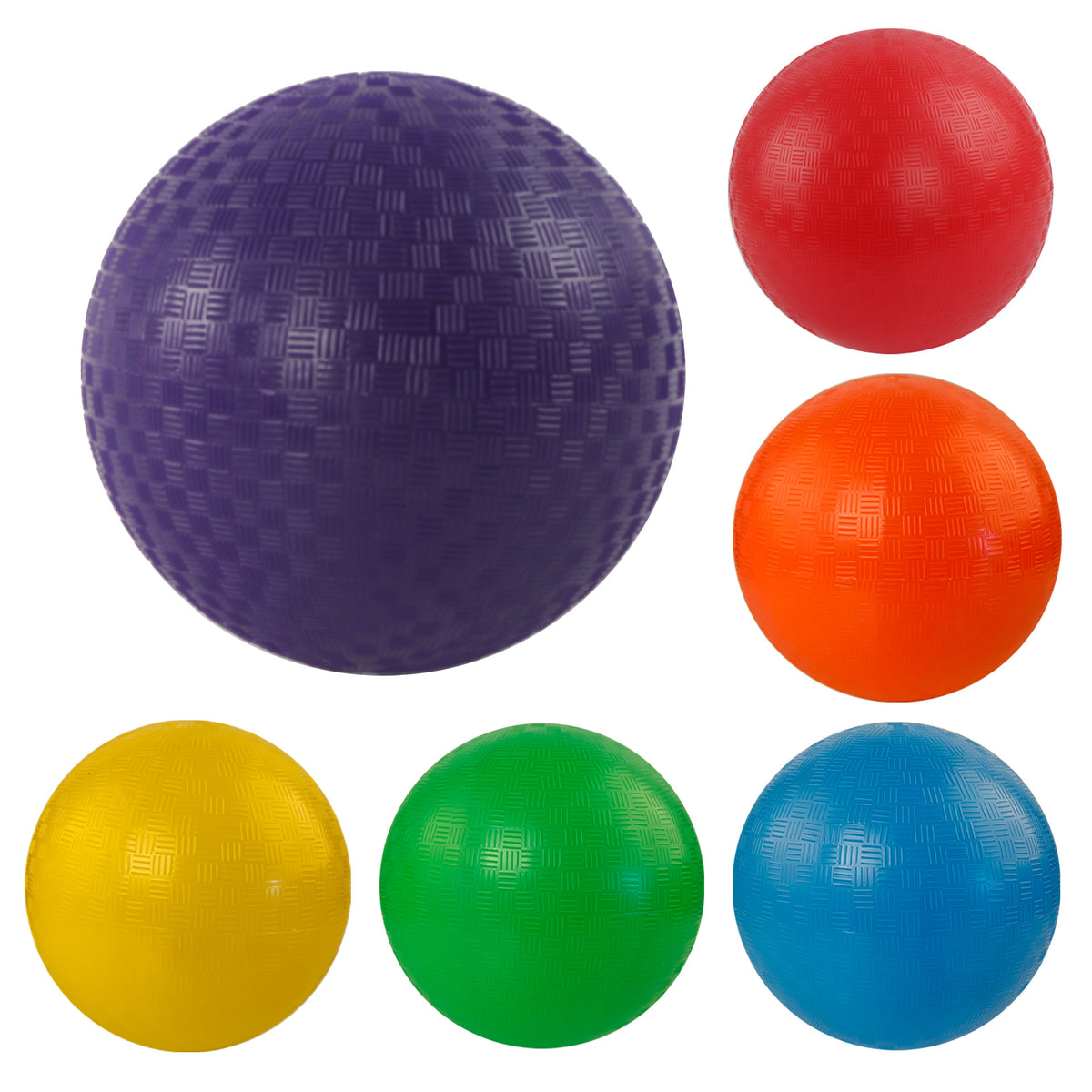 The Okie Soft play 9-Inch Dodgeball 6-Pack features one large purple ball on the left and five smaller red, orange, yellow, green, and blue balls on the right, all with a textured grid pattern.