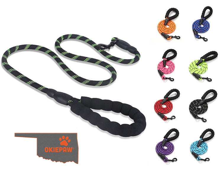 OkiePet® Reflective Rope Dog Leash – Heavy-Duty with Padded Anti-Slip Handle (8 Color Options)