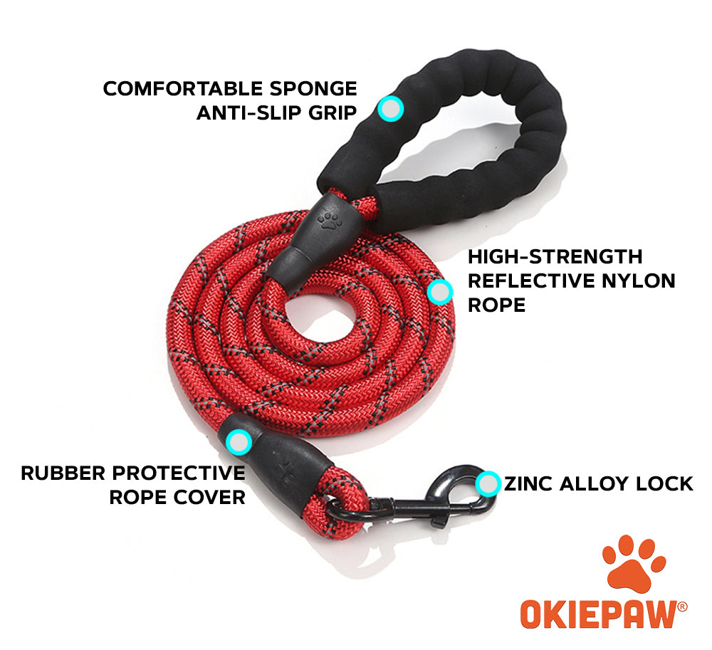 OkiePet® Reflective Rope Dog Leash – Heavy-Duty with Padded Anti-Slip Handle (8 Color Options)