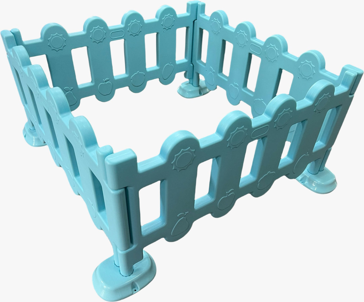 Close-up of CPC-certified baby blue toddler play fence with smooth edges