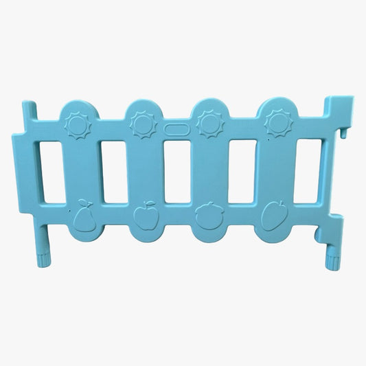 Baby blue soft play fence panels arranged in a playroom layout