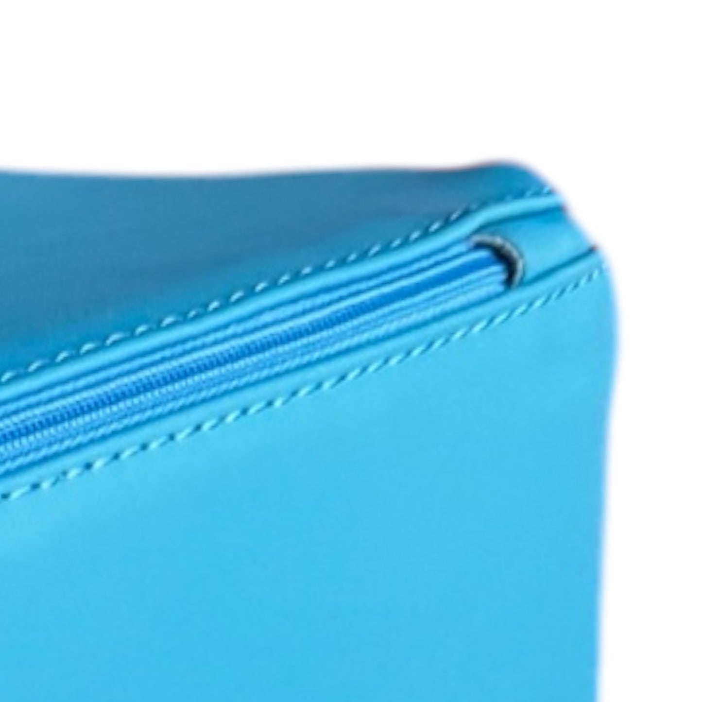 Close-up of hidden zipper detail on blue PU leather soft play block cover