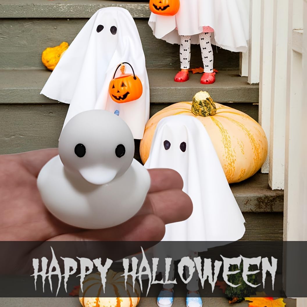 White ghost rubber duck floating in bathtub – fun Halloween bath toy for kids