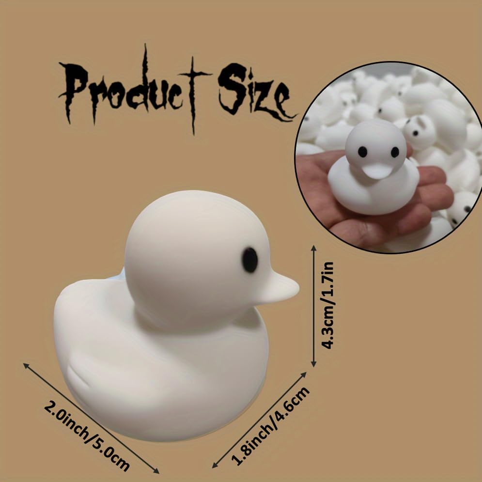 Close-up of a single ghost-themed rubber duck with black eyes for Halloween