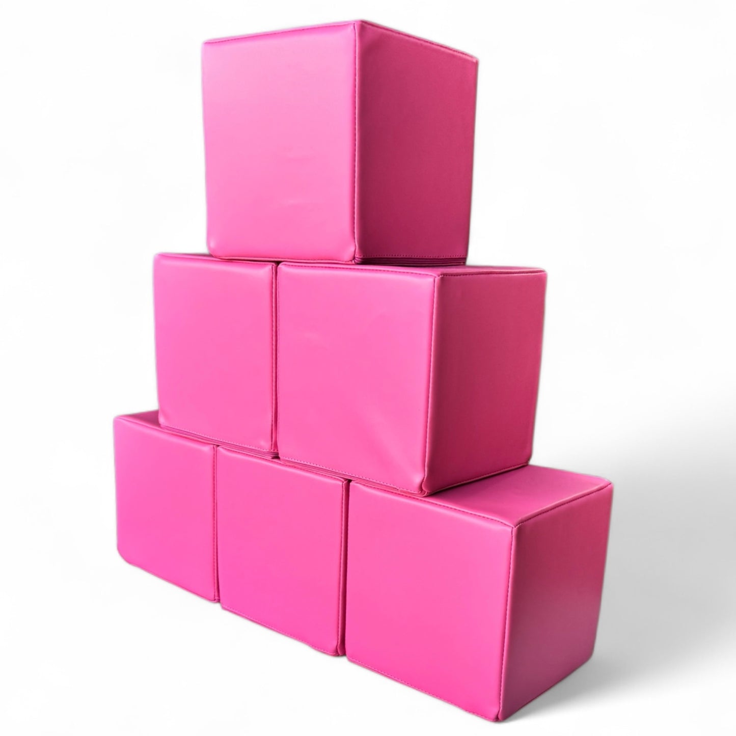 Stack of six hot pink soft play blocks arranged in a pyramid, CPSC certified foam cubes for kids - Angle 2