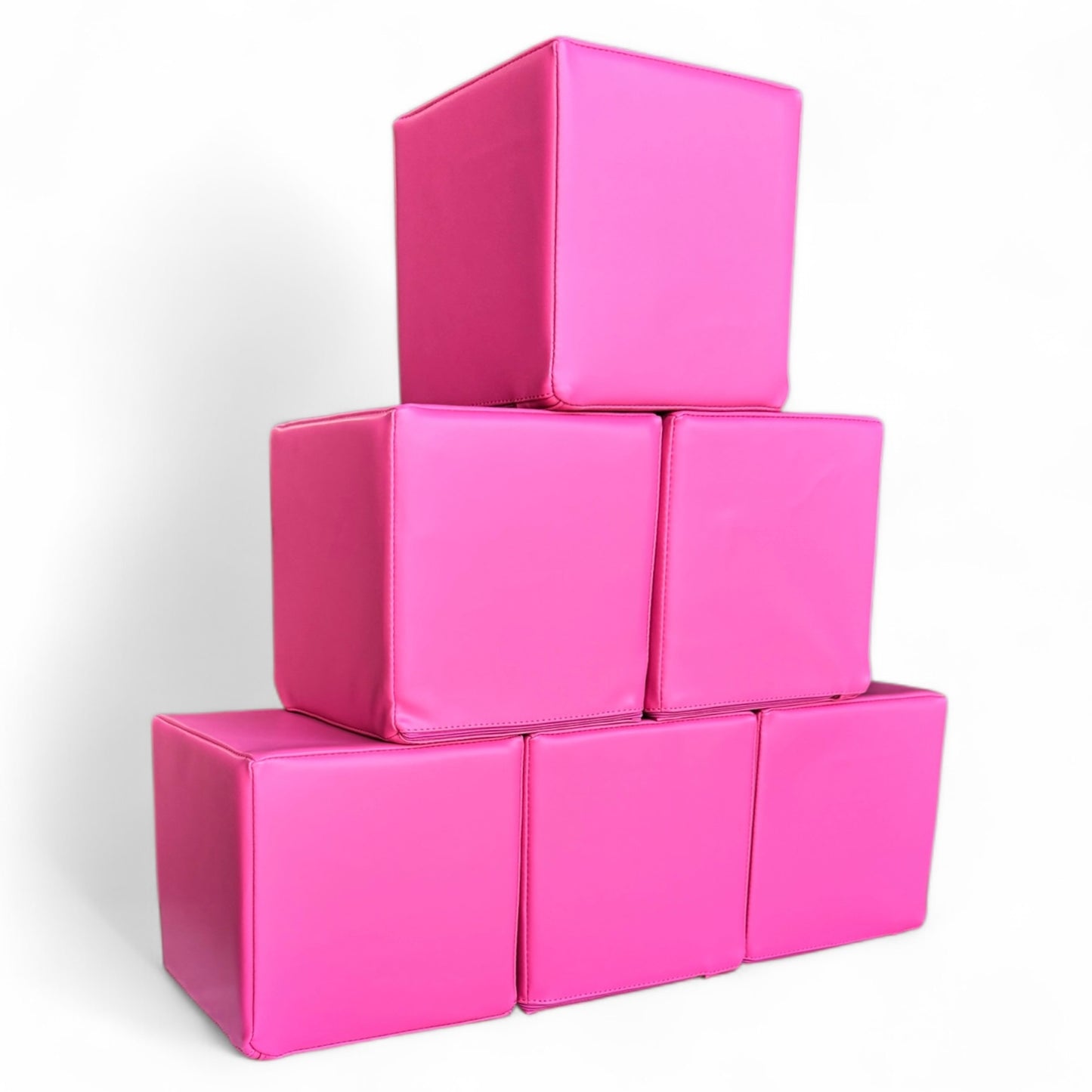 Stack of six white soft play blocks arranged in a pyramid, CPSC certified foam cubes for kids