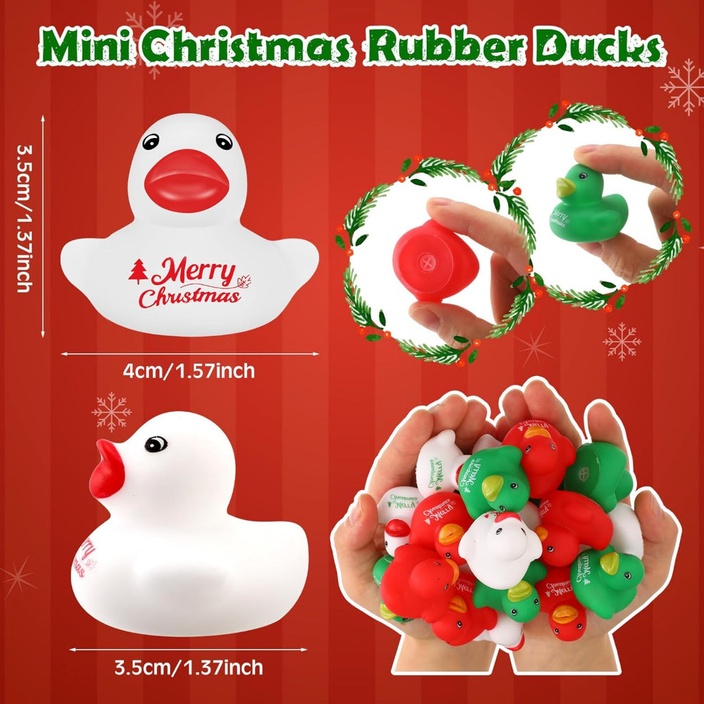 Mini Christmas rubber ducks displayed in a holiday stocking