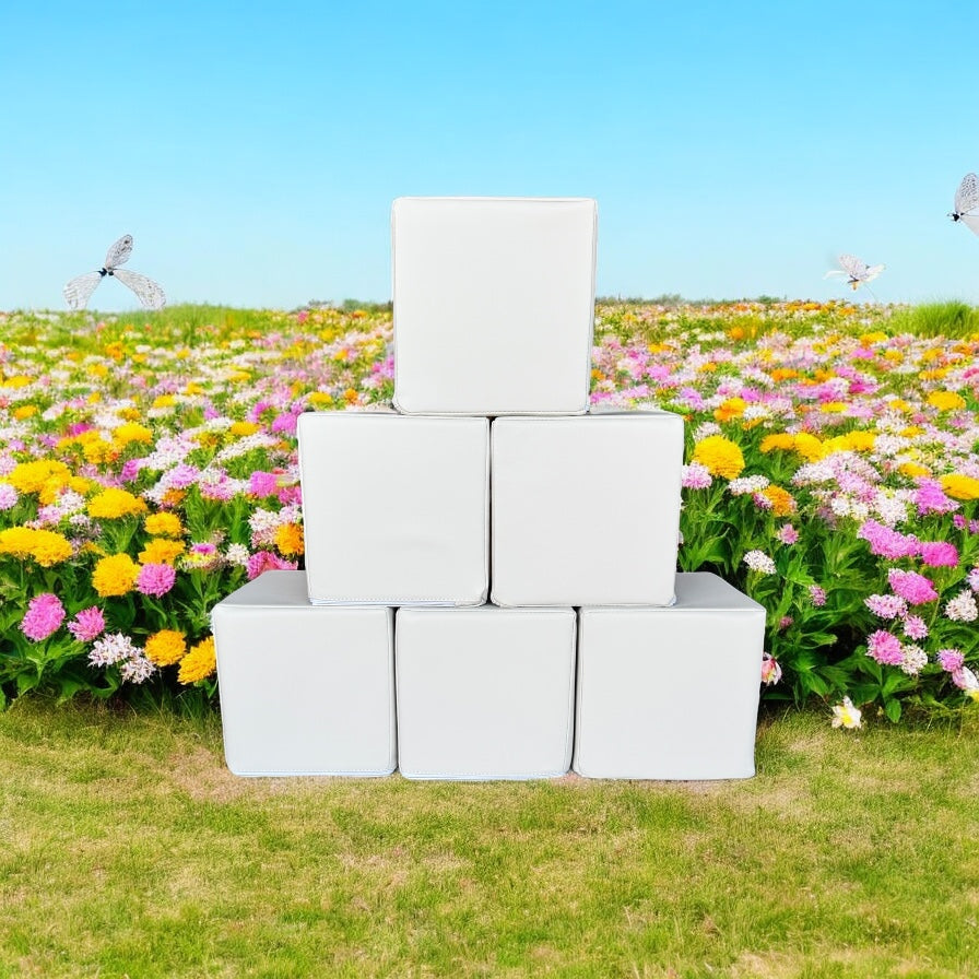 Stack of six white soft play blocks arranged in a pyramid, CPSC certified foam cubes for kids