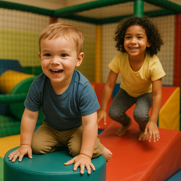 Two young children smiling and playing on colorful soft play equipment inside an indoor play area, featuring padded mats and foam structures.