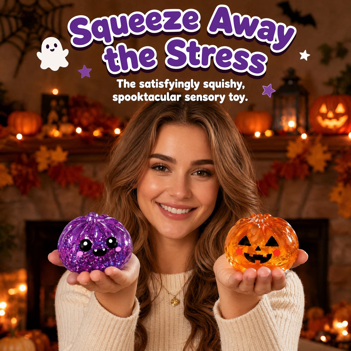 A smiling woman holds an Okie Soft Play Halloween Bun Squishy Toy – a purple ghost-themed fidget character and an orange jack-o-lantern from the Filled TPR Fidget Characters collection, in a cozy, Halloween-decorated room. Text above reads: Squeeze Away the Stress.