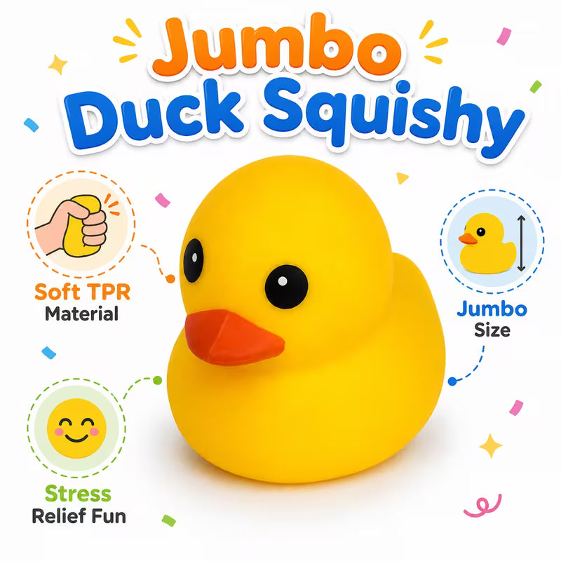 The Giant Yellow Duck Squishy – Flour-Filled TPR Fidget & Stress Relief Toy by Okie Soft Play is featured, highlighting its soft TPR material, jumbo size, and stress-relieving fun. The product is set against a vibrant background with playful icons and confetti accents. Clean Arial typeface adds modern appeal, while a responsive layout with max-width 120rem ensures optimal viewing across devices.