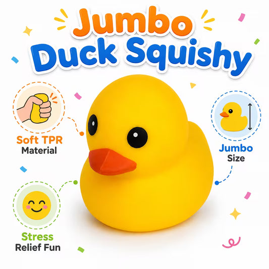 The Giant Yellow Duck Squishy – Flour-Filled TPR Fidget & Stress Relief Toy by Okie Soft Play is featured, highlighting its soft TPR material, jumbo size, and stress-relieving fun. The product is set against a vibrant background with playful icons and confetti accents. Clean Arial typeface adds modern appeal, while a responsive layout with max-width 120rem ensures optimal viewing across devices.
