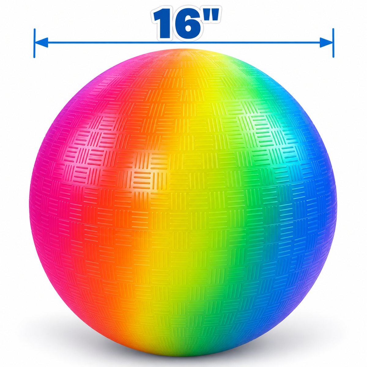 An Okie Soft Play® Rainbow Playground Ball with a textured, 16-inch inflatable surface and a colorful gradient.