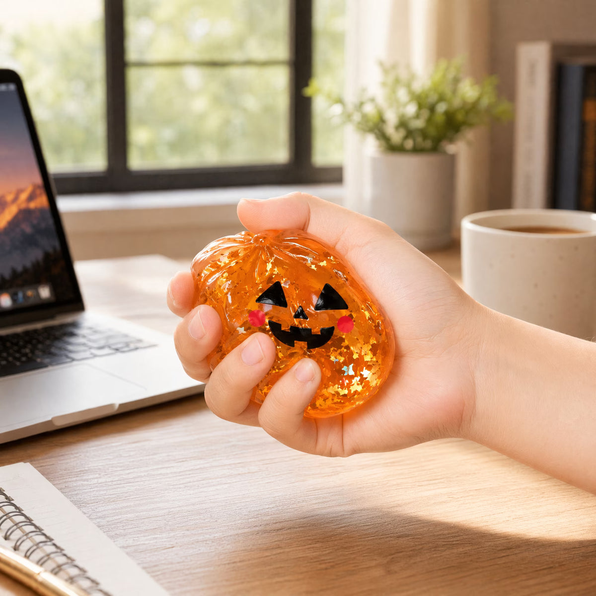 An orange pumpkin-shaped “Halloween Bun Squishy Toy – Filled TPR Fidget Character” by Okie Soft Play is squeezed by hand, revealing its jack-o-lantern face. In the background, a laptop, coffee mug, and potted plant rest on a desk near a window.