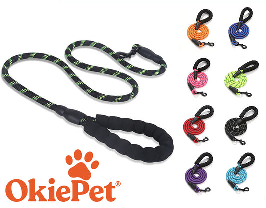 OkiePet® Reflective Rope Dog Leash – Heavy-Duty with Padded Anti-Slip Handle (8 Color Options)