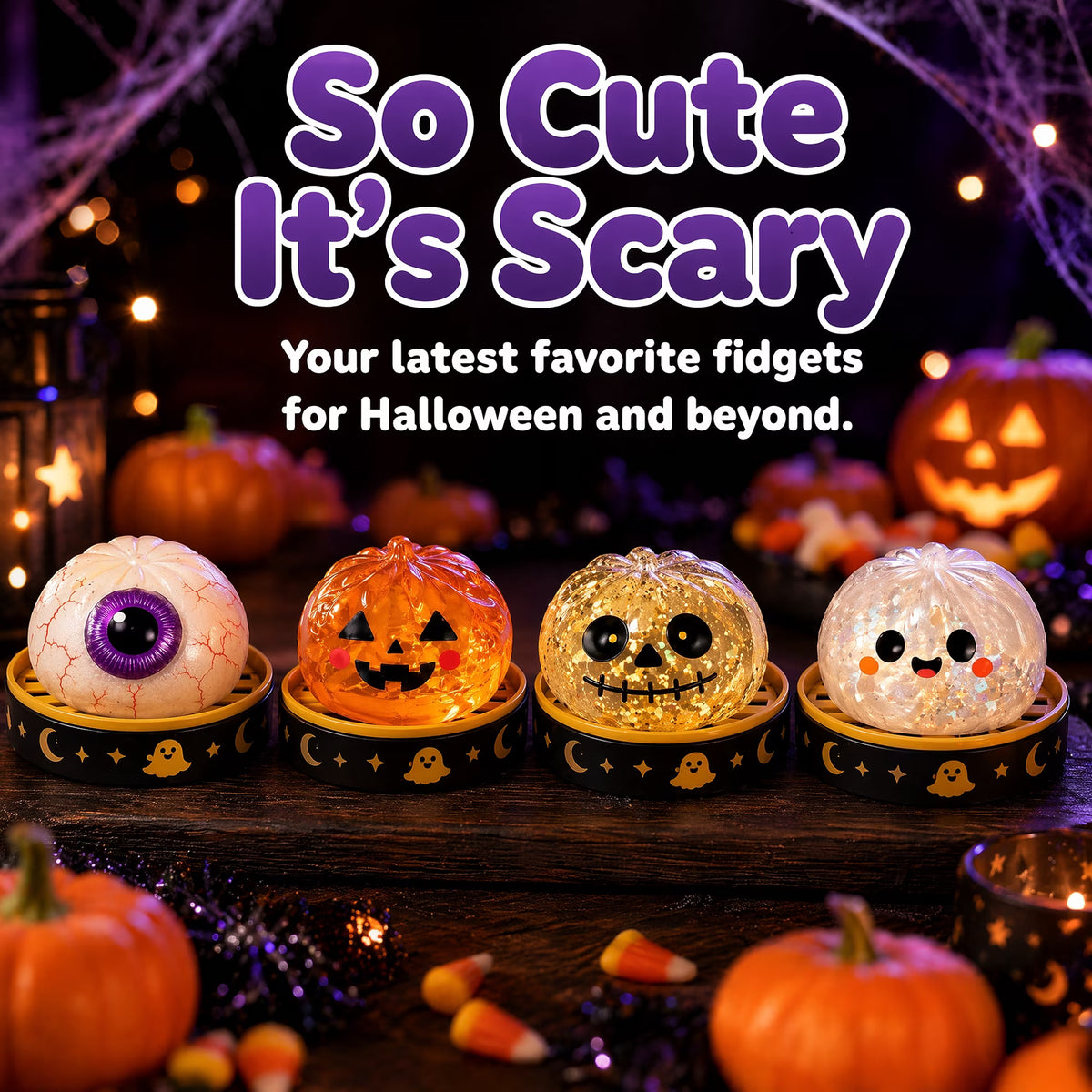 Four Halloween Bun Squishy Toys from Okie Soft Play—a purple eyeball, a glowing pumpkin, a yellow skull, and a white ghost—rest on a festive table among pumpkins and spooky decorations. These filled TPR fidget characters are so cute it’s scary!.