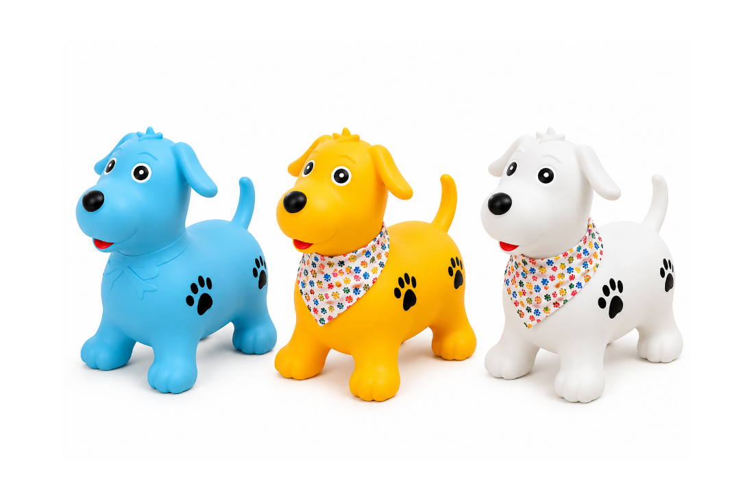 Three Okie Soft Play Puppy Hopper Toy ride-ons in blue, yellow, and white, each shaped like a puppy and decorated with black paw prints.
