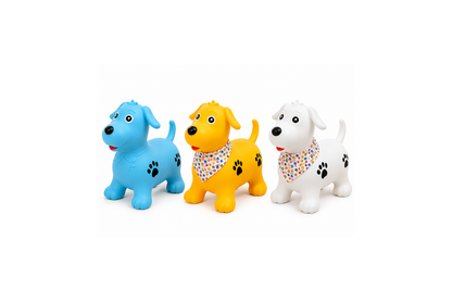 Three blue, yellow, and white Puppy Hopper Toy inflatable ride-ons, each featuring black paw prints and a colorful patterned bandana.