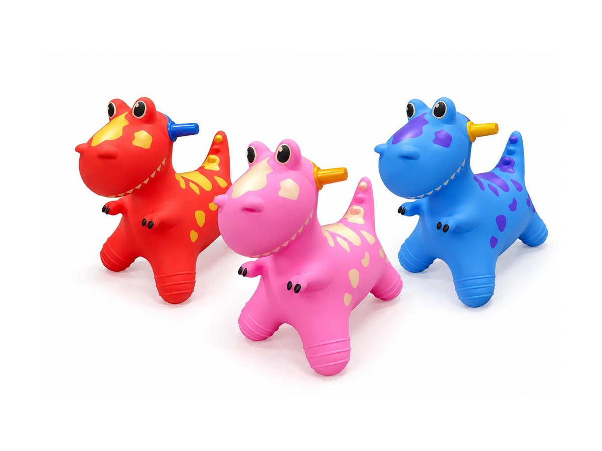 Three vibrant Bouncy Dinosaur Hoppers from Okie Soft Play Store—in red, pink, and blue—are lined up side by side, each featuring yellow horns and spots, big cheerful eyes, and a smiling face against a white background. Perfect as an inflatable ride-on toy for kids, these playful dino hoppers bring fun and excitement to every playtime adventure.
