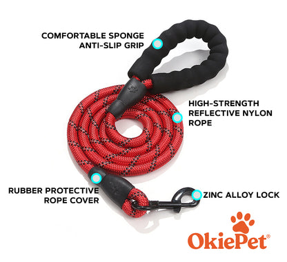 OkiePet® Reflective Rope Dog Leash – Heavy-Duty with Padded Anti-Slip Handle (8 Color Options)