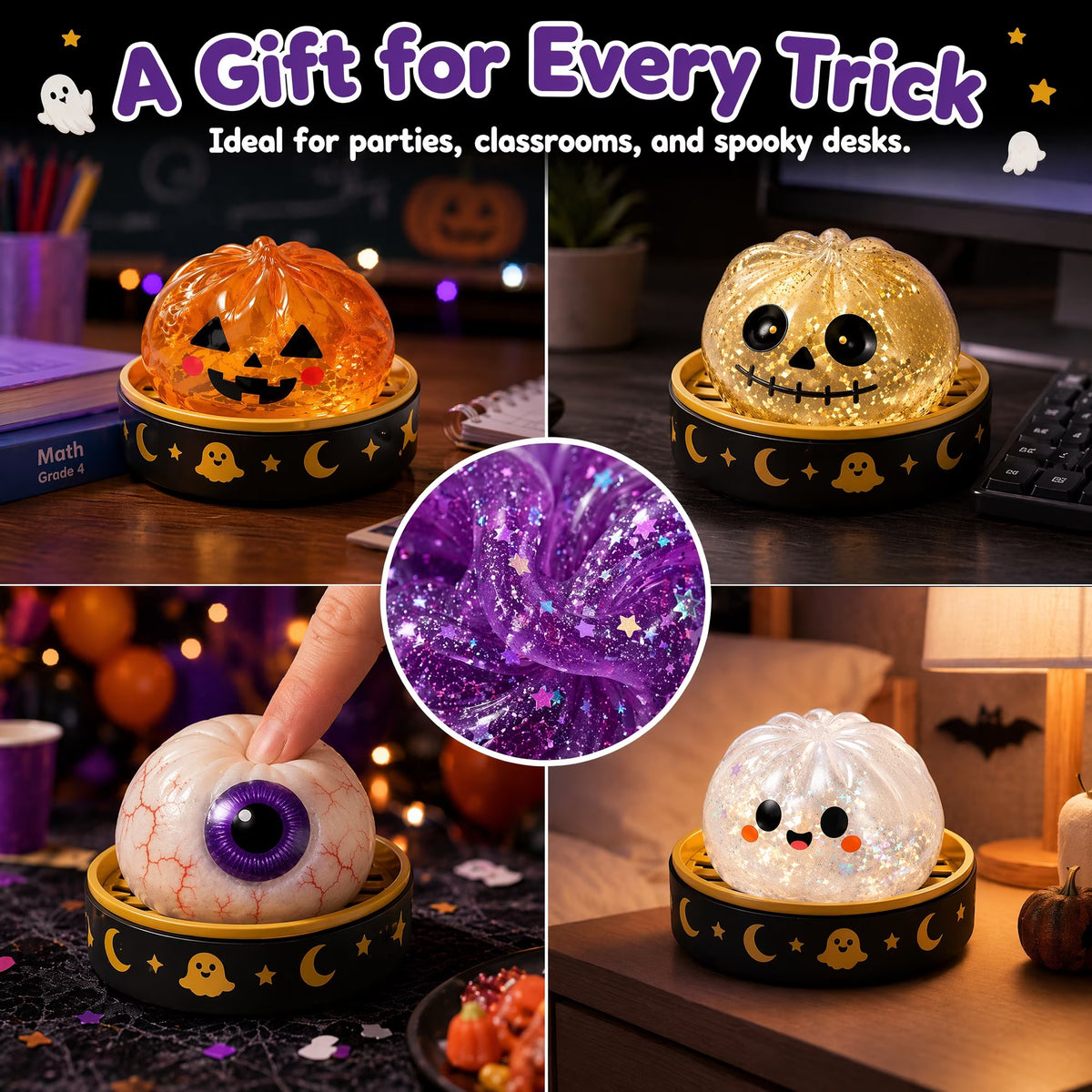 A festive collage featuring Okie Soft Play’s Halloween Bun Squishy Toys – Filled TPR Fidget Characters, including pumpkins with faces and a lifelike eyeball, surrounded by party decorations. At the center is a close-up of sparkly purple slime, while a fun Halloween squishy toy adds extra charm to this playful scene.