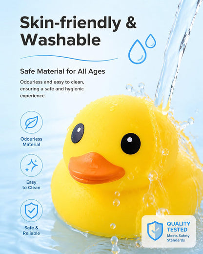 A Giant Yellow Duck Squishy from Okie Soft Play is shown being rinsed with water. Text highlights its skin-friendly TPR material, washable and safe design, with icons for odourless composition, easy cleaning, and quality assurance. The design features blue and white as the main colors, accented by navy blue and cheerful orange details for a playful look.