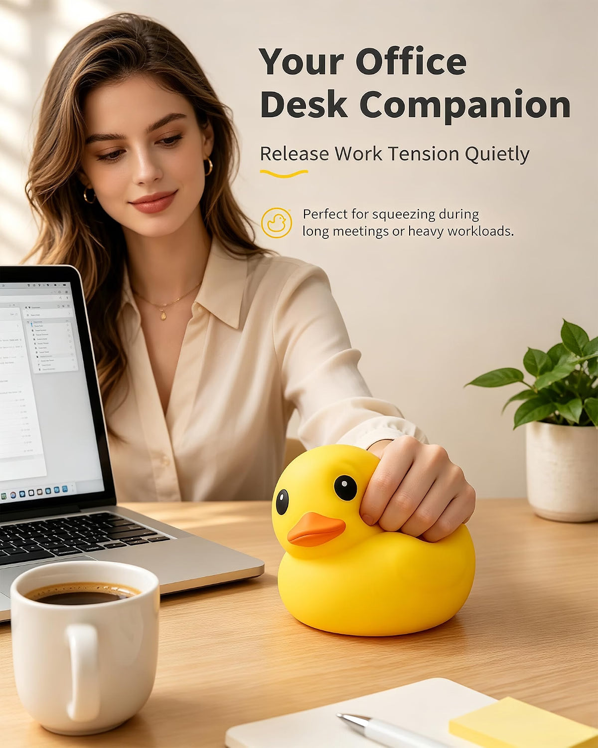 At her office desk, a woman squeezes the Giant Yellow Duck Squishy – a flour-filled TPR fidget and stress relief toy by Okie Soft Play, featuring bright yellow with hints of orange. Nearby rest a laptop, coffee cup, and plant. Calming navy blue decor accents complete the scene. Text reads: Your Office Desk Companion. Release Work Tension Quietly.