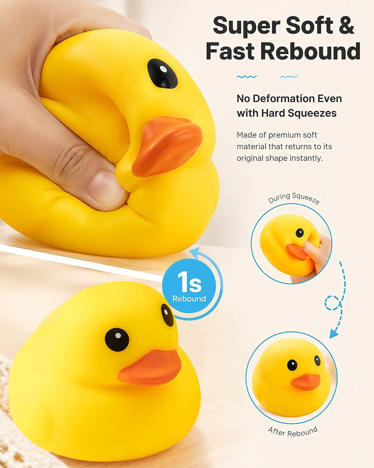 A hand squeezes the Okie Soft Play Giant Yellow Duck Squishy—a flour-filled TPR fidget and stress relief toy featuring black eyes and a vivid orange beak—as text highlights its ultra-soft, super fast-rebound material that bounces back to shape in just one second after squeezing, perfectly emphasizing its playful orange details.