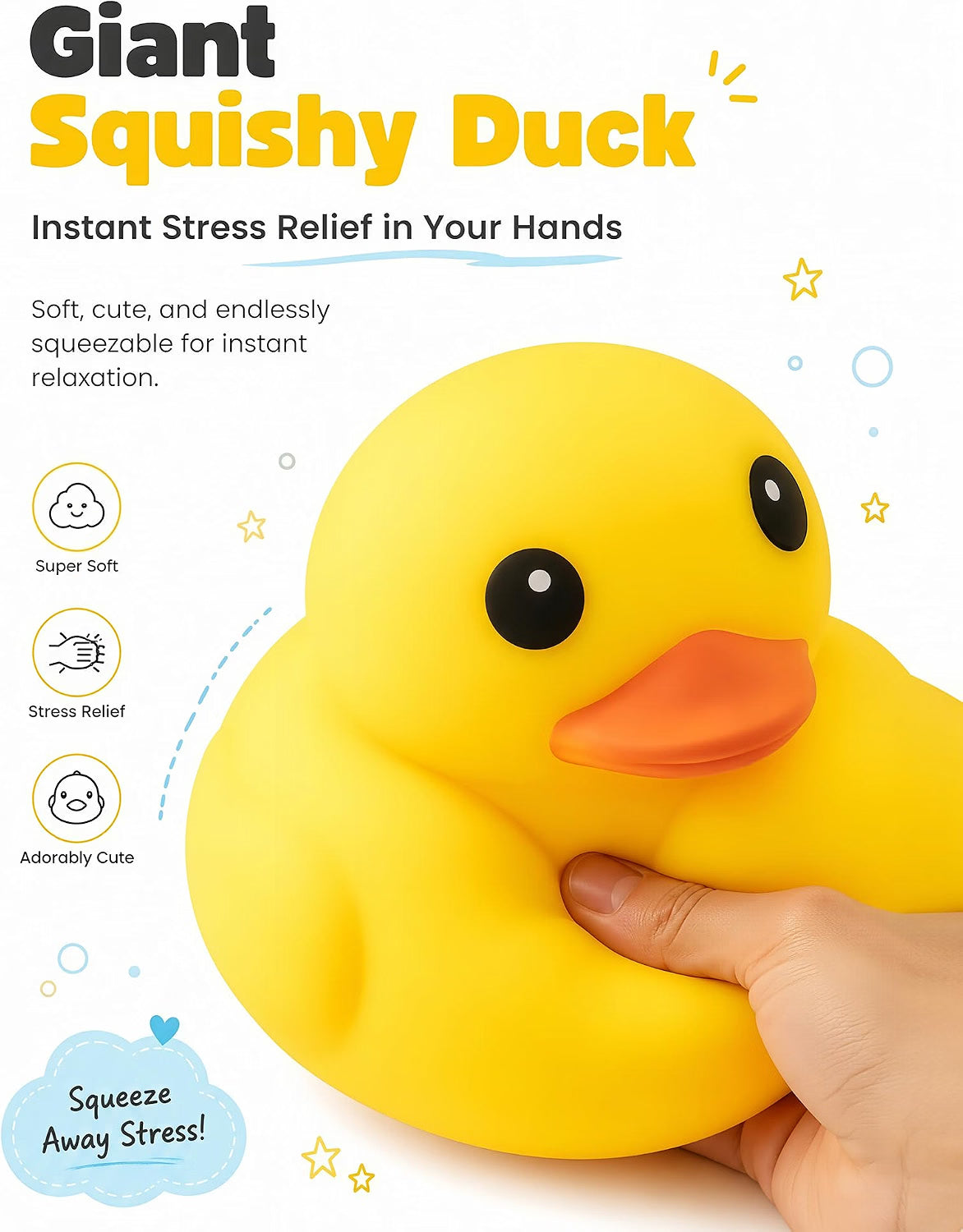 A hand squeezes the Giant Yellow Duck Squishy – Flour-Filled TPR Fidget & Stress Relief Toy by Okie Soft Play, featuring a large, soft yellow body with an adorable orange beak. The text emphasizes its ultra-soft squishiness, soothing stress relief benefits, and charming cuteness, making it the perfect squishy companion. The image is playfully decorated with navy blue bubbles and fun graphics.