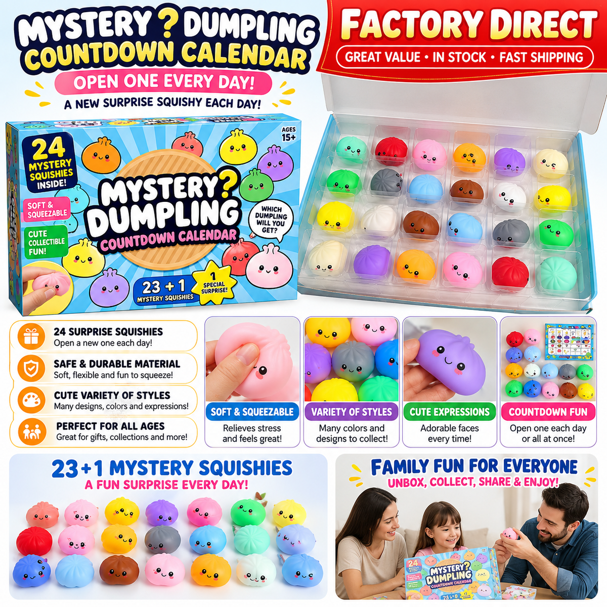 Cheerful advertisement for the Okie Soft Play Mystery Bun Squishy Advent Calendar – 24-Piece Surprise Stress Relief Box, showcasing an array of adorable squishy bun toys nestled in a plastic tray, with close-up shots of their charming faces and joyful families discovering each surprise together. Featuring product highlights that emphasize its fun and stress-relieving features.