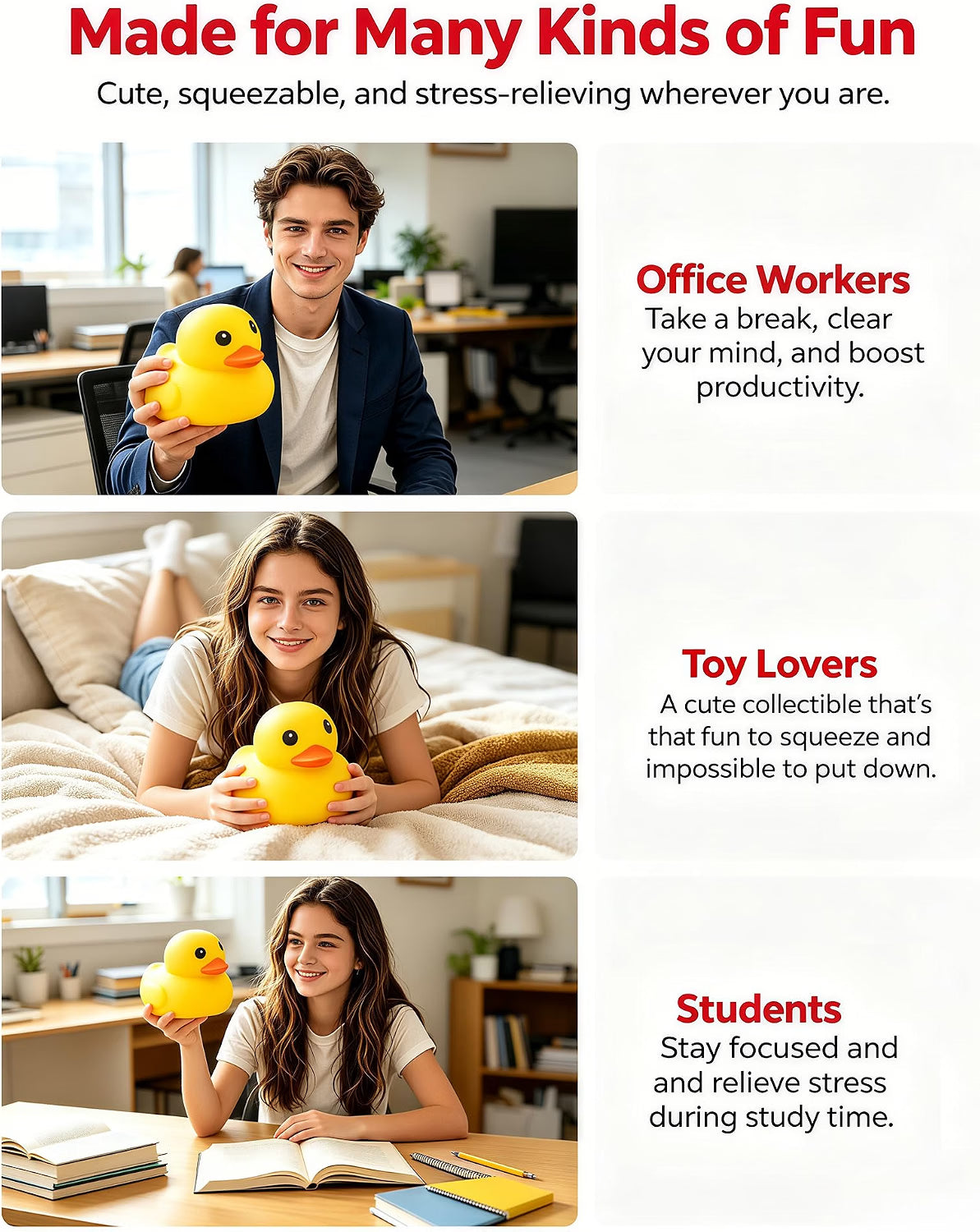 Three people smile while holding the Okie Soft Play Giant Yellow Duck Squishy – a flour-filled TPR fidget and stress relief toy – in a variety of settings: an office, a bedroom, and at a study desk. The image features a cheerful color palette and uses Arial font-family for clear readability. On-screen text highlights the benefits of this playful stress relief toy for office workers, toy enthusiasts, and students. The design maintains a max-width of 120rem to enhance visual appeal and supports SEO