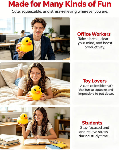 Three people smile while holding the Okie Soft Play Giant Yellow Duck Squishy – a flour-filled TPR fidget and stress relief toy – in a variety of settings: an office, a bedroom, and at a study desk. The image features a cheerful color palette and uses Arial font-family for clear readability. On-screen text highlights the benefits of this playful stress relief toy for office workers, toy enthusiasts, and students. The design maintains a max-width of 120rem to enhance visual appeal and supports SEO