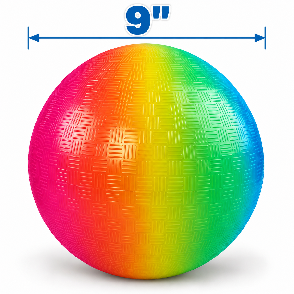 Rainbow-colored, textured Okie Soft Play® Rainbow Playground Ball – 9-Inch shown with a 9-inch measurement indicator.