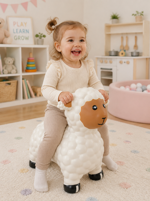 A young toddler girl with a high ponytail sits smiling on a white sheep-shaped bouncy ride in a bright, cozy children's playroom.