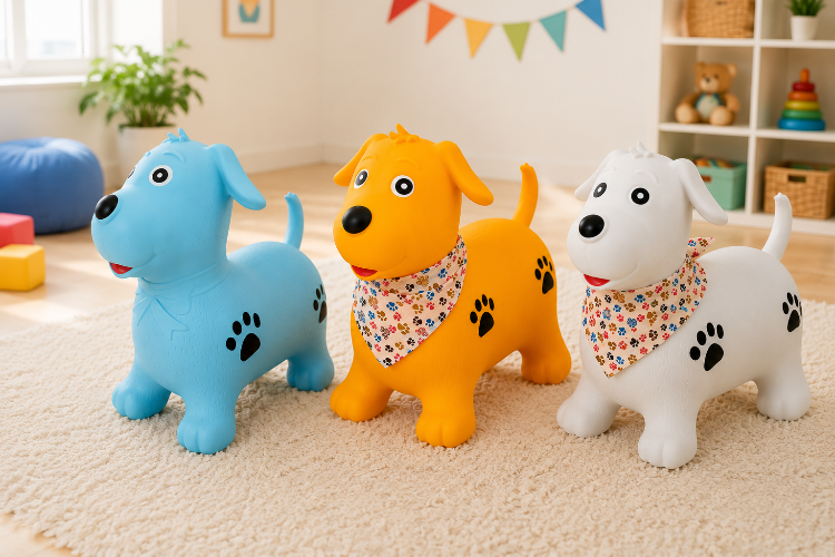 Three dog-shaped bouncy hoppers in blue, orange, and white, each wearing a patterned bandana with black paw prints, displayed on a beige carpet in a child's playroom.