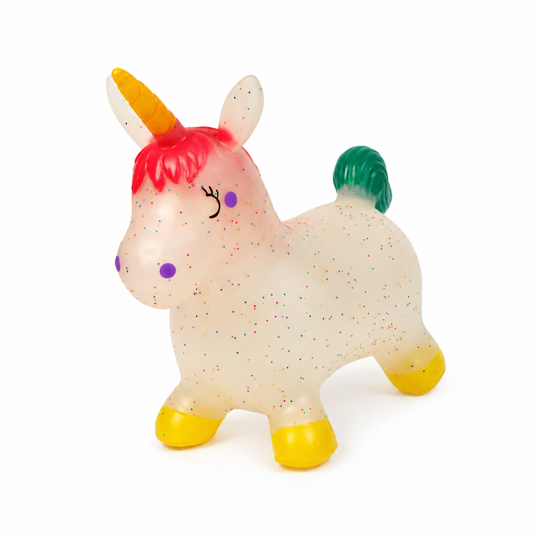 A small unicorn-shaped bouncy hopper toy with a translucent milky white body, multicolor glitter speckles, a yellow horn, red mane, green tail, purple eyes and nose, and yellow hooves, photographed on a white background.