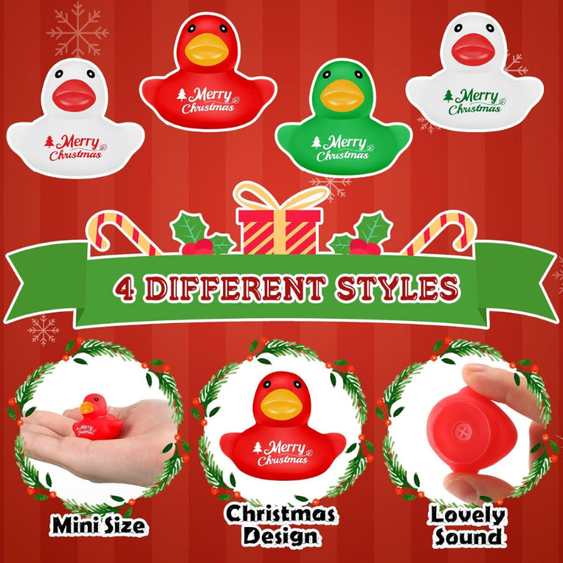 Close-up of red Christmas rubber duck with Merry Christmas text
