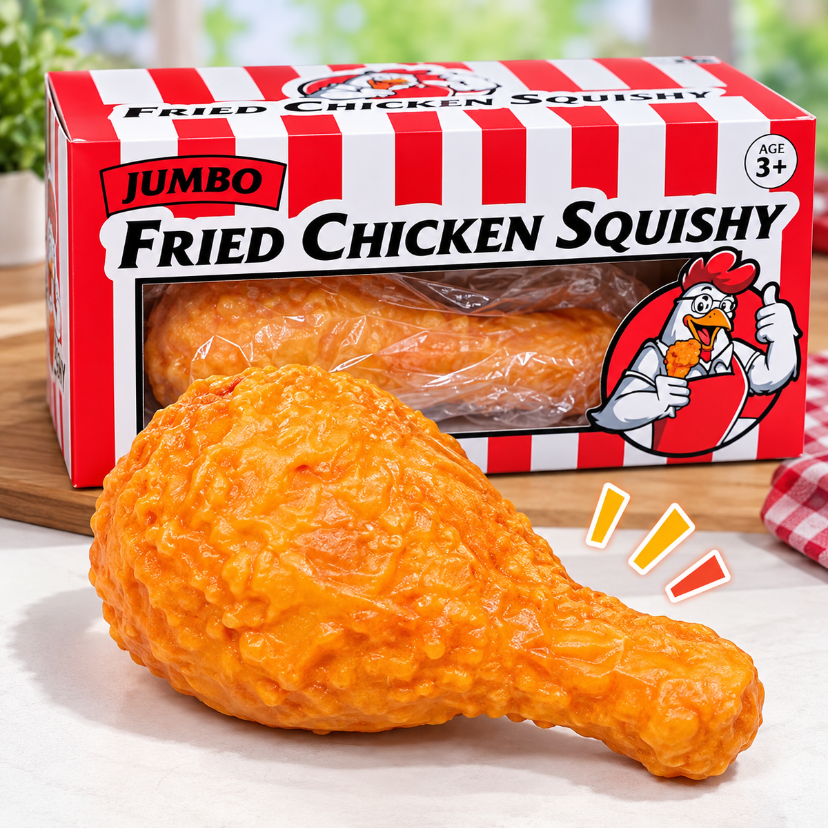 An extra-large Giant Chicken Leg Squishy from Okie Soft Play is displayed in front of its red and white striped packaging, featuring a cartoon chicken and the words “Fried Chicken Squishy.” This TPR flour-filled stress toy offers a fun and realistic way to relieve stress.