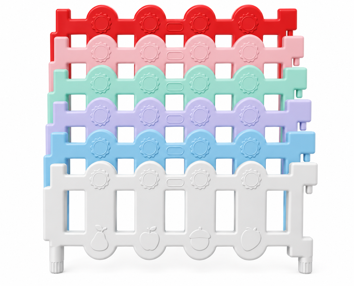 Stacked vertically against a white background, Okie Soft Play’s colorful Toddler Fence Panels—CPC Certified Soft Play Fence—come in vibrant red, pink, green, blue, and white colors. Each plastic panel features playful sun and fruit designs.