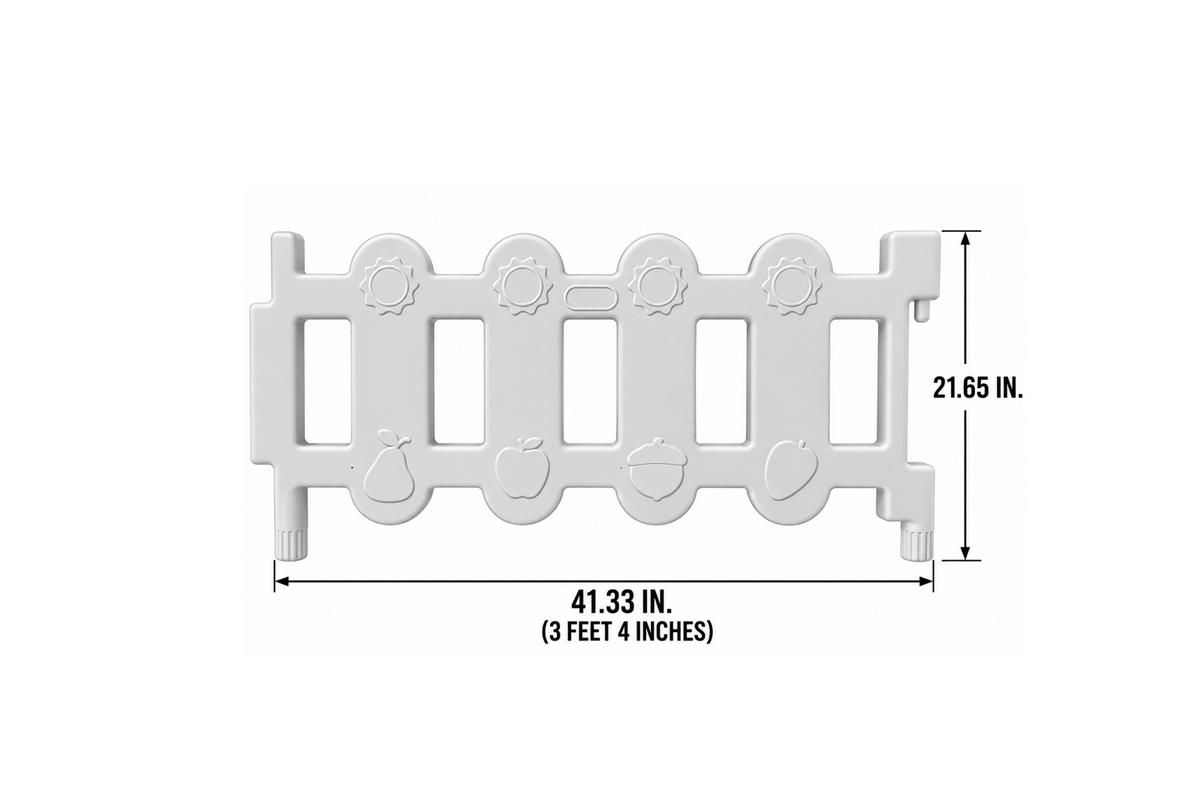 Okie Soft Play Toddler Fence Panels | CPC Certified Soft Play Fence—white plastic gate panel featuring playful fruit and sun designs, measuring 41.33 inches wide by 21.65 inches tall, perfect for adding a fun and safe touch to any play space.