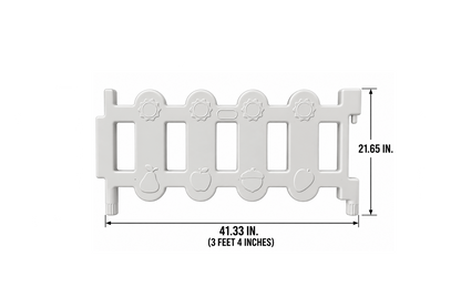 Okie Soft Play Toddler Fence Panels | CPC Certified Soft Play Fence—white plastic gate panel featuring playful fruit and sun designs, measuring 41.33 inches wide by 21.65 inches tall, perfect for adding a fun and safe touch to any play space.
