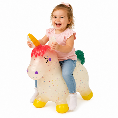 A young girl with a pink bow in her hair is smiling and riding a translucent inflatable unicorn bounce horse. The horse is cream-colored with tiny pink glitter speckles, a bright pink mane, a green tail, and yellow hooves, set against a solid white background.