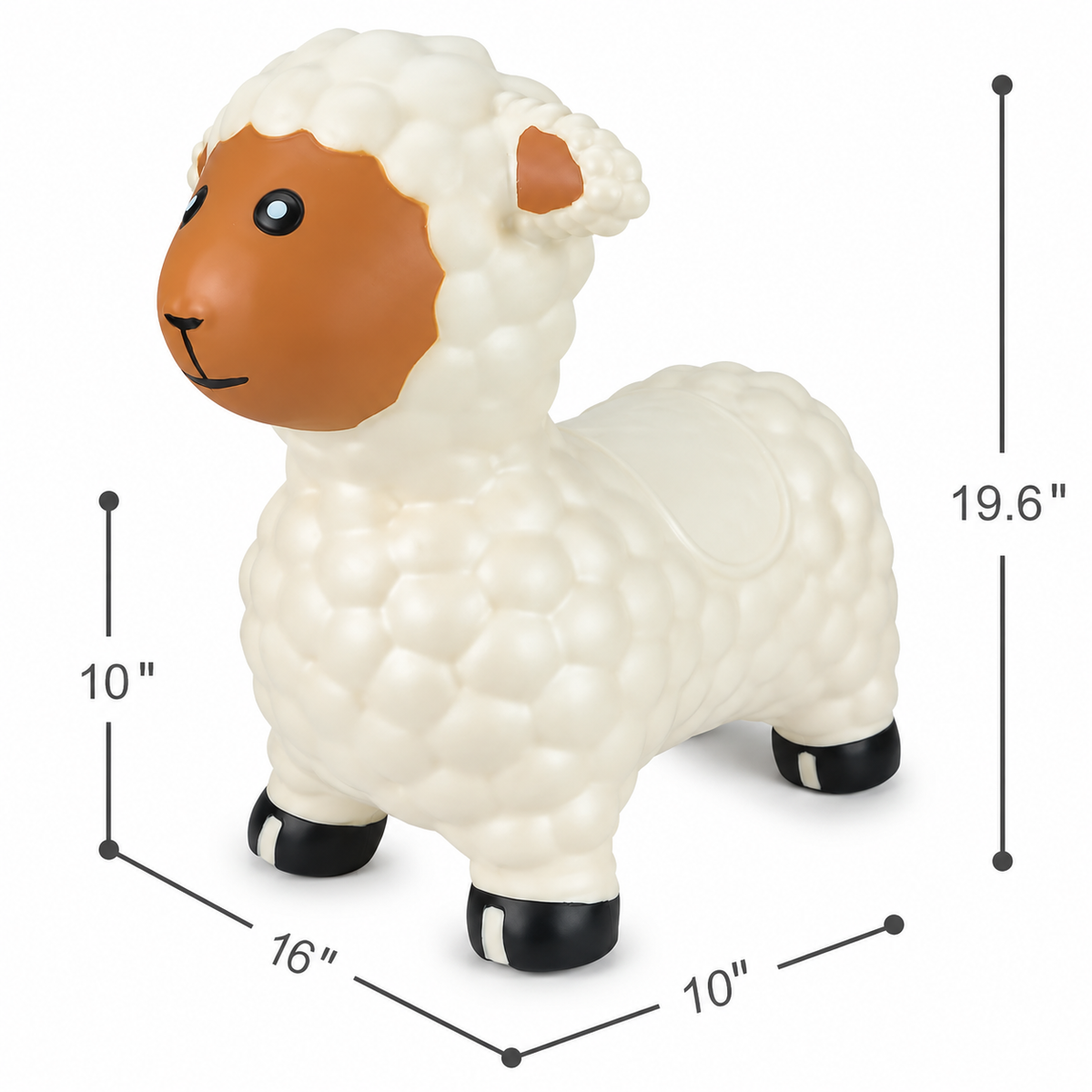 An Okie Soft Play Bouncy Hopper Lamb for Toddlers inflatable ride-on toy with clearly labeled height, length, and width dimensions.