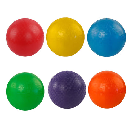 A 9-Inch Dodgeball 6-Pack of six round, textured playground balls in red, yellow, blue, green, purple, and orange.