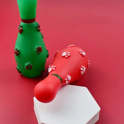 OkiePaw Christmas Bowling Pin Dog Toy Set – Red & Green 2-Pack
