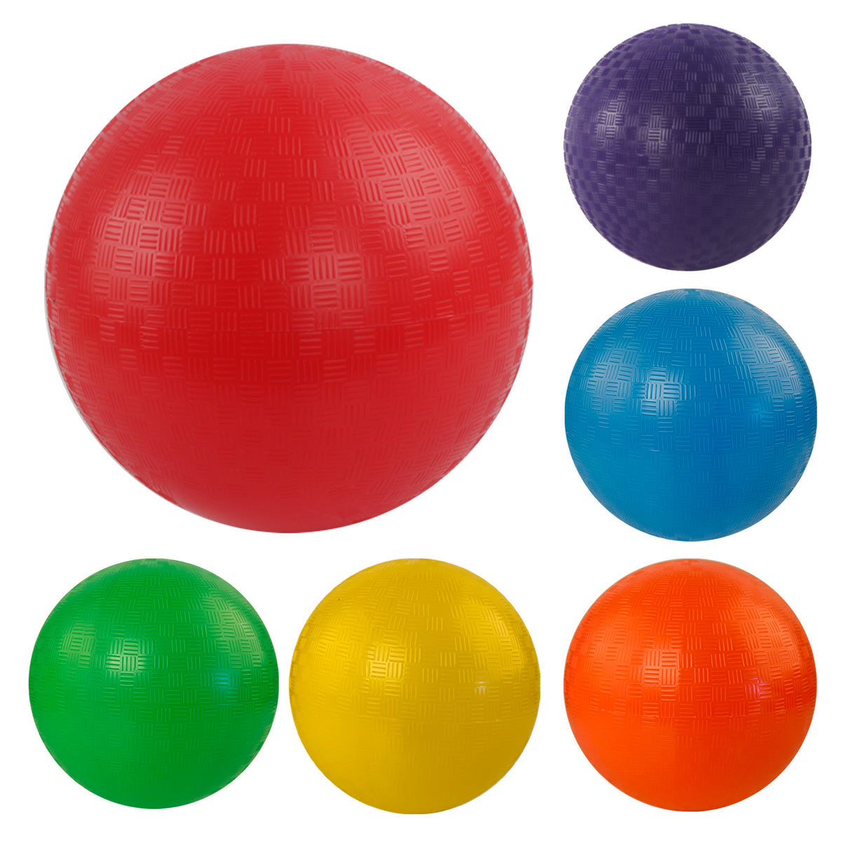 Six textured grid-patterned 9-Inch Dodgeball 6-Pack balls in red, purple, blue, green, yellow, and orange for team activity.